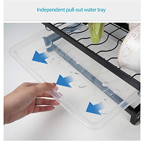 Organizador de acero inoxidable negro de 2 niveles para secar platos, frutas y verduras, cesta de almacenamiento con escurridor y 3 ganchos para colgar utensilios de cocina