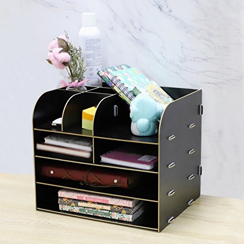 Organizador de escritorio de madera 4 compartimentos, estante con cajones. para guardar libros, periódicos, revistas, bolígrafos, lápices y hojas de papel A4. , color Negro