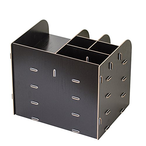 Organizador de escritorio de madera 4 compartimentos, estante con cajones. para guardar libros, periódicos, revistas, bolígrafos, lápices y hojas de papel A4. , color Negro