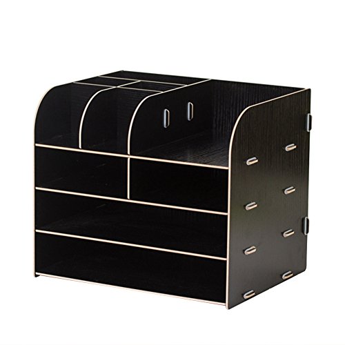 Organizador de escritorio de madera 4 compartimentos, estante con cajones. para guardar libros, periódicos, revistas, bolígrafos, lápices y hojas de papel A4. , color Negro