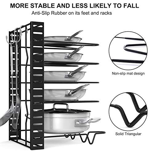 Organizador de ollas ajustable con 8+ ollas y sartenes Oragnizer, contador de cocina y soporte para tapa de armario con 3 métodos de bricolaje (6 ganchos incluidos)