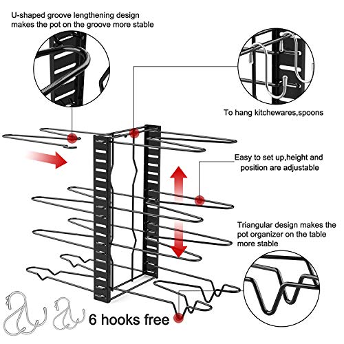 Organizador de ollas ajustable con 8+ ollas y sartenes Oragnizer, contador de cocina y soporte para tapa de armario con 3 métodos de bricolaje (6 ganchos incluidos)