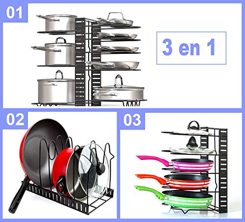 Organizador de Sartenes y Ollas con Estantes Ajustables Diseño 2020 Mejorado, Soporte con Protecciones de Silicona para Utensilios de Cocina. (con Silicona)