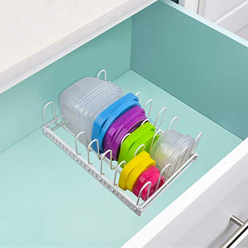 Organizador de Tapa de Contenedor de Alimentos de Color Blanco y Soporte de Tapa de Metal Ajustable para 6 Divisores, Organizador de Tapa de Almacenamiento para Armarios, Alacenas, Estante