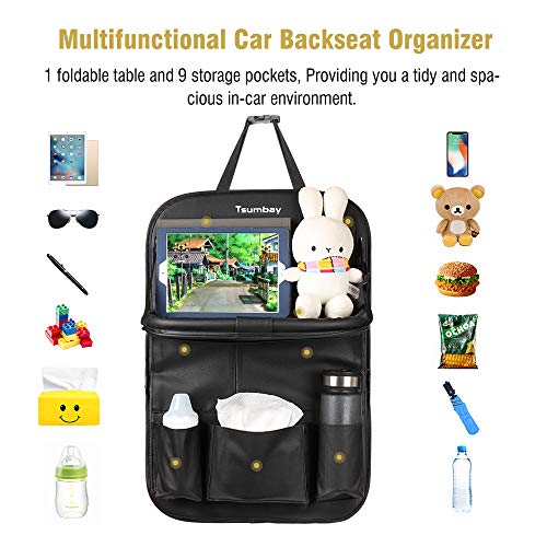 Organizador para Coche, Tsumbay Protector de Asiento para Coche Kick Mats con Comedor Poseedor Bandeja, Multi-Bolsillo de Almacenamiento de Coche Bebe para iPad Tablet Botella Bebida Juguetes