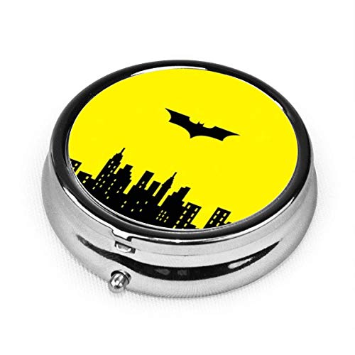 Organizer Bat and City Round Box Case Compact 2 Compartment Vitamins Tablet Holder Container Metal Portable for Daily Needs Travel Purse Pocket