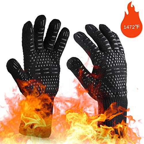 OrgaWise Guantes Barbacoa BBQ Gloves Extremadamente Resistentes hasta 1472 ℉ / 800 ℃, Guantes de Barbacoa para Parrilla, Hornear, Cocina (Negro) (Negro)