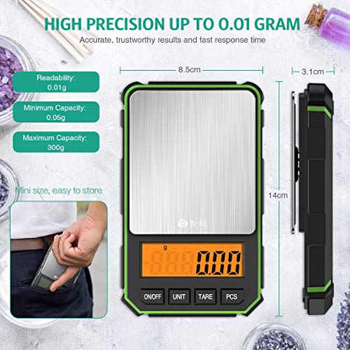 ORIA [Nueva Versión] Báscula Digitales de Precisión, 300g/0.01g Mini Balanza de Bolsillo con 100g de Peso de Calibración, Báscula Digital para Cocina con Función de Tara, Pantalla LCD Retroiluminada