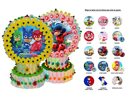 Original Tarta Decorativa de Golosinas Surtidas con Oblea"Surtida". Caramelos y Dulces Juguetes y Regalos Baratos para Fiestas de Cumpleaños, Bodas, Bautizos, Comuniones y Eventos.(Pjmasks)