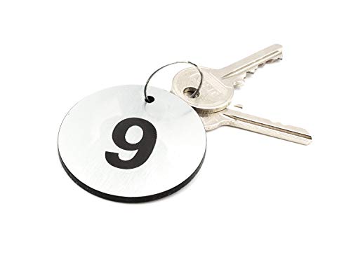 OriginDesigned - Llaveros circulares acrílicos en tono plateado numerados del 1 al 10, con números grabados en negro, para hoteles, casas de huéspedes, B&B, empresa
