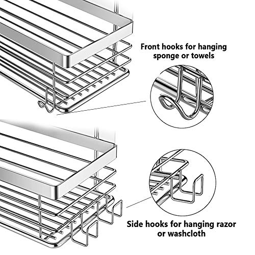 Orimade Adhesivo Estantes Cesta para Ducha con 5 Ganchos para Colgar Esponjas y Cuchillas Estanteria Organizador Baño SUS304 Acero Inoxidable Sin Taladro - 2 Piezas