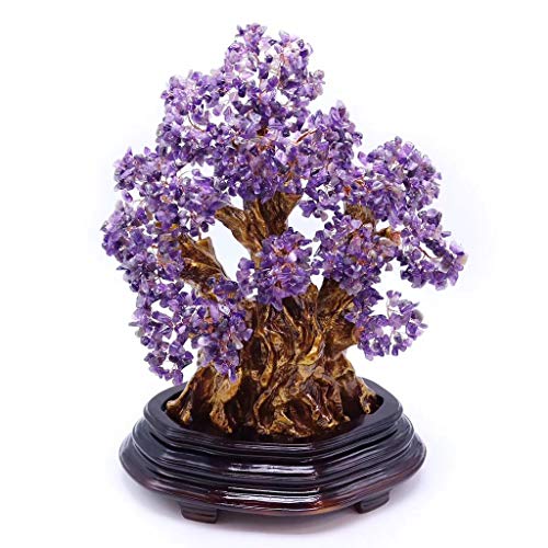 Ornamento de Escritorio Cristales de siete Chakra curativo natural de la piedra preciosa de cristal Fortuna Bonsai árbol del dinero amatista cuarzo árbol Cluster del arco iris de titanio Base árbol de