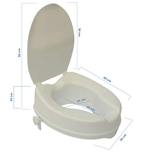 OrtoPrime Elevador WC Adulto Con Tapa - Altura 10 cm - Asiento de Inodoro Ortopédico con cierres Laterales de Seguridad - Alzador WC Universal Adaptable - Alza Inodoro