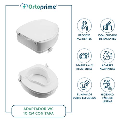 OrtoPrime Elevador WC Adulto Con Tapa - Altura 10 cm - Asiento de Inodoro Ortopédico con cierres Laterales de Seguridad - Alzador WC Universal Adaptable - Alza Inodoro