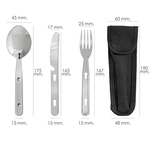 ORYX 5058010 Cubiertos Camping Acero Inoxidable 3 Piezas Con Funda Nylon, 18/8_Stainless_Steel