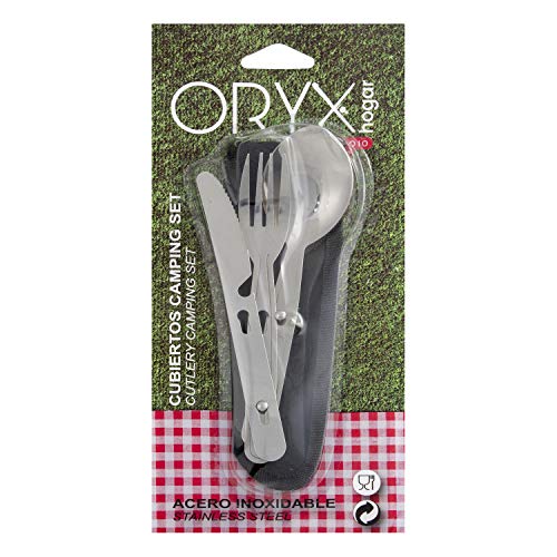 ORYX 5058010 Cubiertos Camping Acero Inoxidable 3 Piezas Con Funda Nylon, 18/8_Stainless_Steel