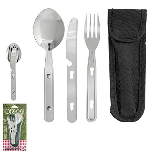 ORYX 5058010 Cubiertos Camping Acero Inoxidable 3 Piezas Con Funda Nylon, 18/8_Stainless_Steel