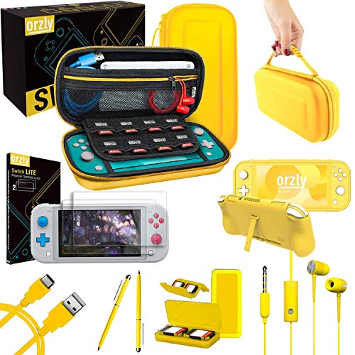 Orzly Paquete de Accesorios para Nintendo Switch Lite – Incluye: Protectores de Pantalla & Funda para Switch Lite Consola, Funda Comfort Grip, Cable USB, Auriculares y más. (Amarillo)