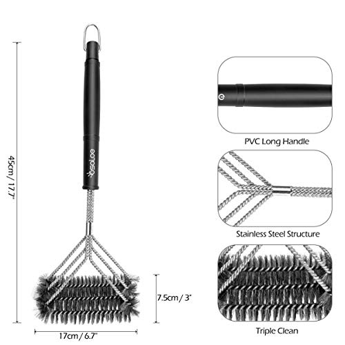 Osaloe Cepillo para Barbacoa, Cepillo de Parrilla 3 en 1 con Cerdas de Acero Inoxidable, Kits de Cepillo de Limpieza para Parrilla de Carbón, Barbacoa Al Aire Libre, Jardín, Camping y Picnic (Negro)