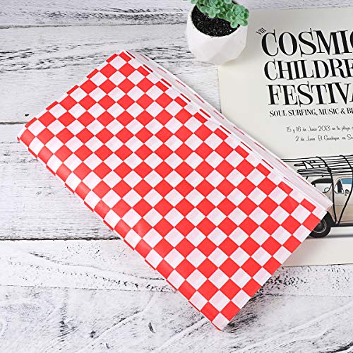 OUNONA 100 Sheets Checkered Deli Basket Liner Papel para envolver alimentos, resistente a la grasa, envoltura de hamburguesa sándwich, rojo y blanco