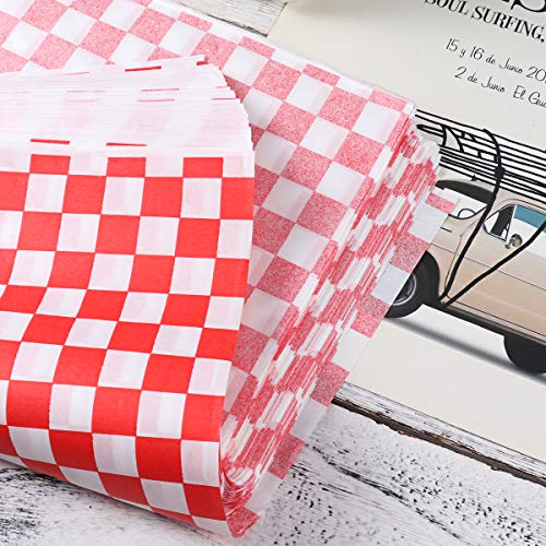 OUNONA 100 Sheets Checkered Deli Basket Liner Papel para envolver alimentos, resistente a la grasa, envoltura de hamburguesa sándwich, rojo y blanco