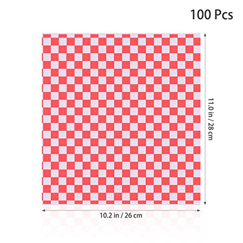 OUNONA 100 Sheets Checkered Deli Basket Liner Papel para envolver alimentos, resistente a la grasa, envoltura de hamburguesa sándwich, rojo y blanco