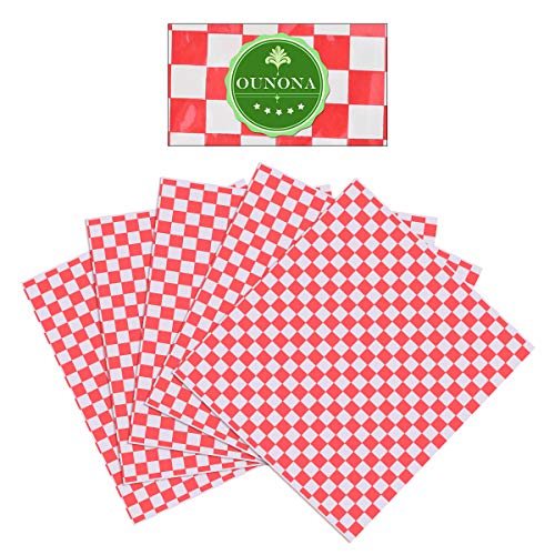 OUNONA 100 Sheets Checkered Deli Basket Liner Papel para envolver alimentos, resistente a la grasa, envoltura de hamburguesa sándwich, rojo y blanco