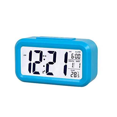 OurLeeme Reloj de Alarma Digital, batería Batería de Noche Pantalla LCD Sensor de luz Reloj de Alarma con función de Despertador Activado Luz Nocturna (Batería no incluida) (Azul)