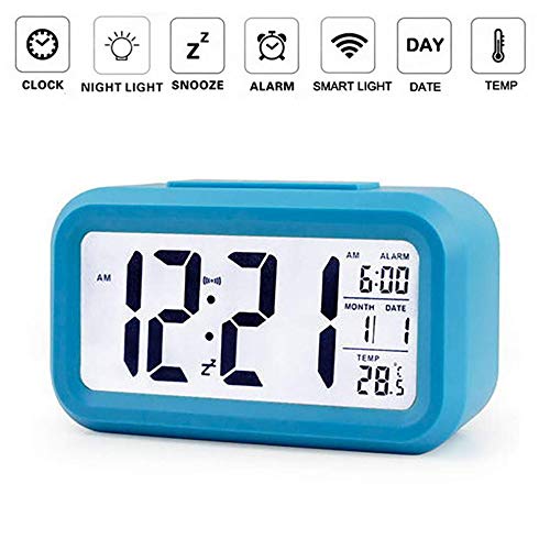 OurLeeme Reloj de Alarma Digital, batería Batería de Noche Pantalla LCD Sensor de luz Reloj de Alarma con función de Despertador Activado Luz Nocturna (Batería no incluida) (Azul)