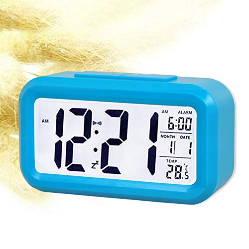 OurLeeme Reloj de Alarma Digital, batería Batería de Noche Pantalla LCD Sensor de luz Reloj de Alarma con función de Despertador Activado Luz Nocturna (Batería no incluida) (Azul)