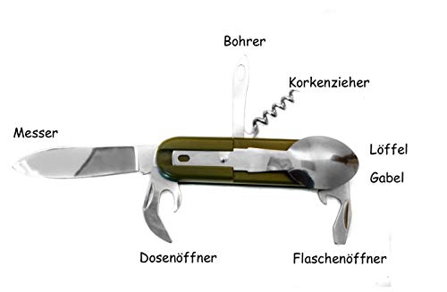 Outdoor Saxx® – Cubiertos de camping, 7 en 1, cuchillo, tenedor, cuchara, abrelatas, abrelatas, abridor de botellas, tirador de corcho, diseño de ame, color verde oliva, con funda para cinturón