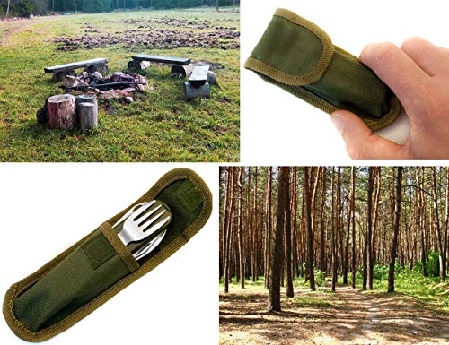 Outdoor Saxx® – Cubiertos de camping, 7 en 1, cuchillo, tenedor, cuchara, abrelatas, abrelatas, abridor de botellas, tirador de corcho, diseño de ame, color verde oliva, con funda para cinturón