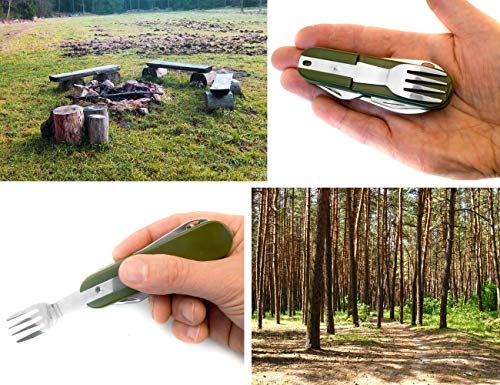 Outdoor Saxx® – Cubiertos de camping, 7 en 1, cuchillo, tenedor, cuchara, abrelatas, abrelatas, abridor de botellas, tirador de corcho, diseño de ame, color verde oliva, con funda para cinturón