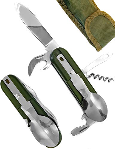 Outdoor Saxx® – Cubiertos de camping, 7 en 1, cuchillo, tenedor, cuchara, abrelatas, abrelatas, abridor de botellas, tirador de corcho, diseño de ame, color verde oliva, con funda para cinturón