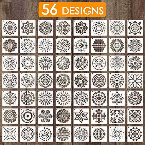 Outivity 56 Piezas Mandala Stencils para Pintar sobre Madera, Roca, Telas, Metal, Muebles y Paredes - Flexible y Reutilizable (9x9 cm)