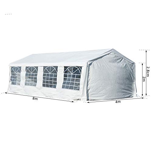 Outsunny Carpa de Jardín Cochera Gazebo 8x4m Pergola Cenador Pabellón 4 Paneles Laterales 8 Ventanas para Fiesta Eventos Bodas Acero PE Blanco