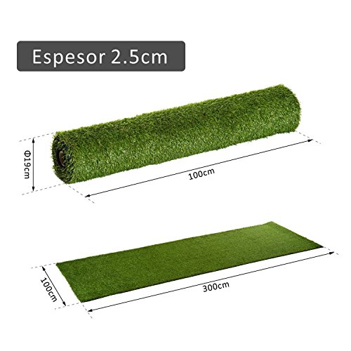 Outsunny Césped Artificial Tipo Alfombra o Estera de Hierba Sintética de Exterior Interior 3x1m 25mm para Jardín y Terraza 1 Pieza