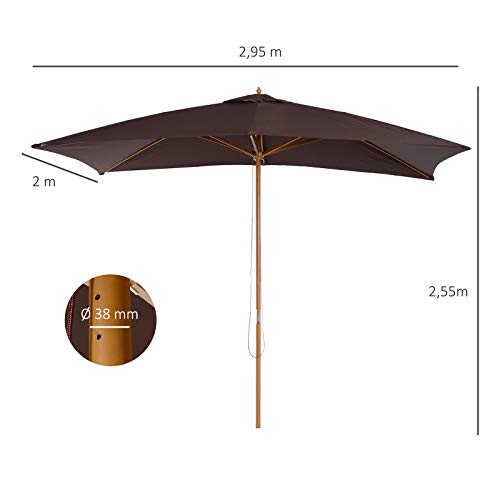 Outsunny Sombrilla Parasol 2x3m y Altura 2,55m Jardin Terraza Poliester 180g/m2 y Madera Color Chocolate