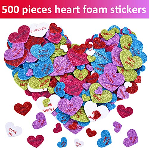Outus 500 Pegatinas de Espuma de Día de San Valentín Pegatinas en Corazón Brillante Corazones Autoadhesivas de Espuma Coloridas para Boda Fiesta Manualidades, 6 Colores