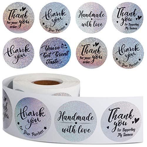 Outus 600 Pegatinas de Rollo de Thank You de 1,5 Pulgadas Pegatinas Etiqueta Comercial de Plata Brillante Holográfica Pegatinas Holo Arcoíris Adhesivas Brillantes