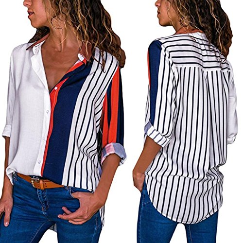 Overdose Blusa para Mujer OtoñO Primavera Nueva Mejor Venta De Moda Casual De Manga Larga Color Block Stripe Button Camisetas Tops