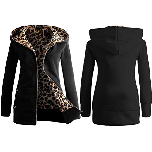 Overdose Las Mujeres MáS De Terciopelo Engrosada con Capucha Linda Dama SuéTer Leopard Cremallera Capa con Capucha Sudadera (Large, Negro)