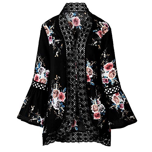 Overdose Las Nuevas SeñOras De Las SeñOras Floral Chaqueta Abierta Frente Kimono Casual Cardigan Primavera OtoñO Mejor Venta Abrigo (x-Large, a-Negro)