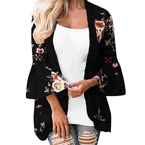 Overdose Las Nuevas SeñOras De Las SeñOras Floral Chaqueta Abierta Frente Kimono Casual Cardigan Primavera OtoñO Mejor Venta Abrigo (x-Large, a-Negro)