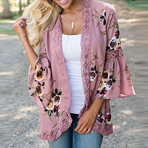 Overdose Las Nuevas SeñOras De Las SeñOras Floral Chaqueta Abierta Frente Kimono Casual Cardigan Primavera OtoñO Mejor Venta Abrigo (x-Large, a-Rosa)