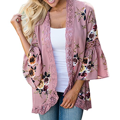 Overdose Las Nuevas SeñOras De Las SeñOras Floral Chaqueta Abierta Frente Kimono Casual Cardigan Primavera OtoñO Mejor Venta Abrigo (x-Large, a-Rosa)