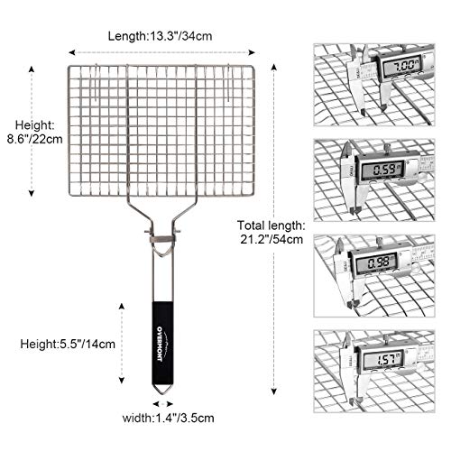 Overmont Barbacoa Parrilla con 2 Cepillo Cesta Cesto Pescado con Mango de Madera Extraíble Portátil Plegable Acero Inoxidable 304, 34 * 22cm