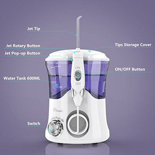 Ovonni Irrigador Dental Profesional, 7 Boquillas Intercambiables, 10 Ajustes de Presión, 600 ML de Gran Tanque de Agua, Cuidado Familiar, Regalo Día de Madre, Blanco