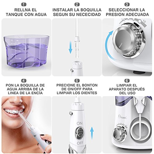 Ovonni Irrigador Dental Profesional, 7 Boquillas Intercambiables, 10 Ajustes de Presión, 600 ML de Gran Tanque de Agua, Cuidado Familiar, Regalo Día de Madre, Blanco