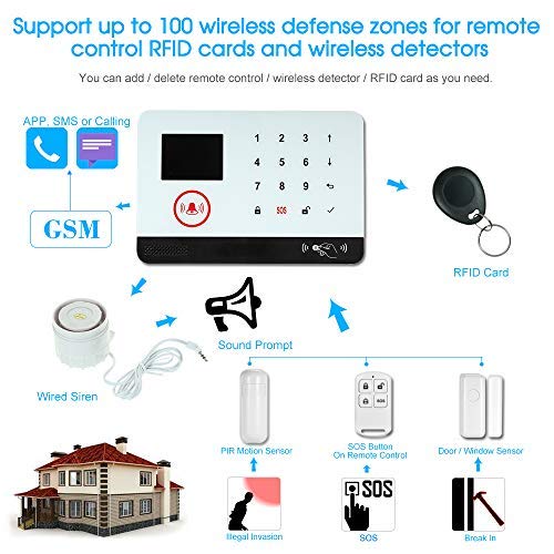 OWSOO 433MHz Sistema de Alarma GSM SMS, Pantalla LCD, Control Remoto de Phone APP, Alarma de Marcación Automática, con Sensor de Puerta/Sensor de Movimiento/Control Remoto/Tarjeta RFID/Sirena Cableada